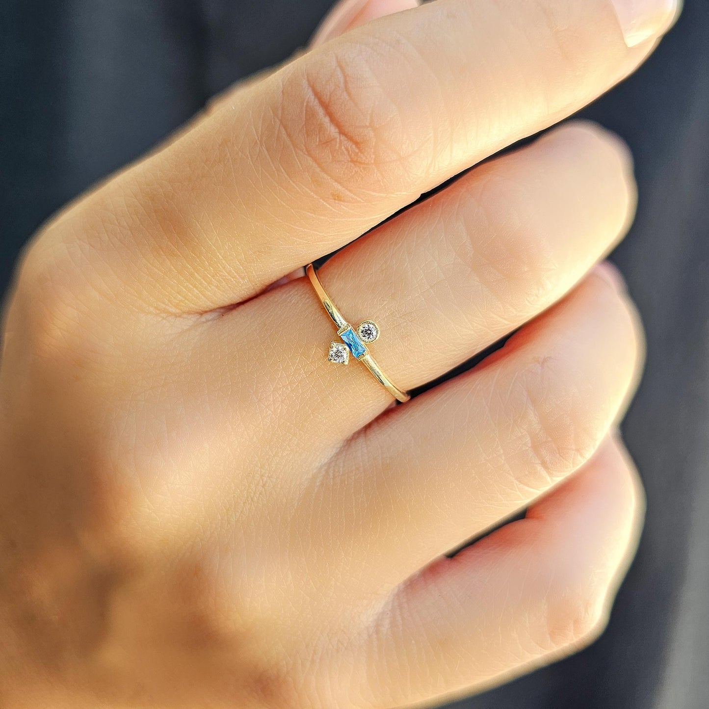 18K Gold Baguette Cut Sky Blue and Cz Ring - 2S35SKY