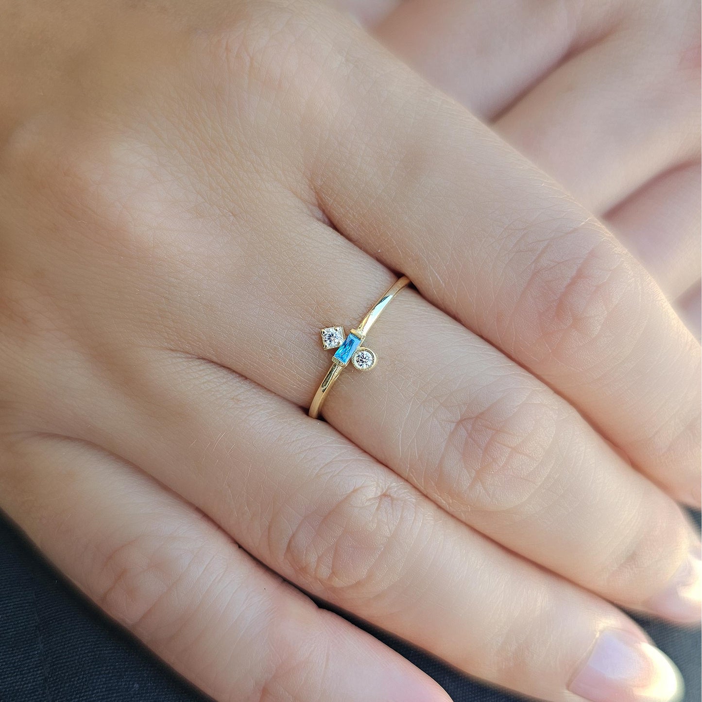 18K Gold Baguette Cut Sky Blue and Cz Ring - 2S35SKY