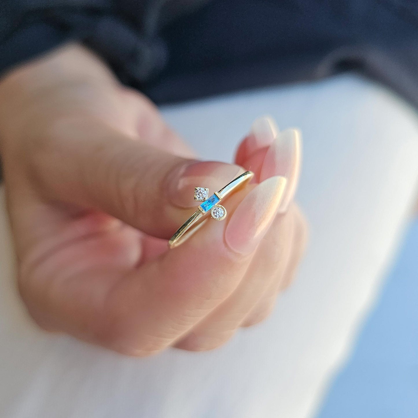 18K Gold Baguette Cut Sky Blue and Cz Ring - 2S35SKY