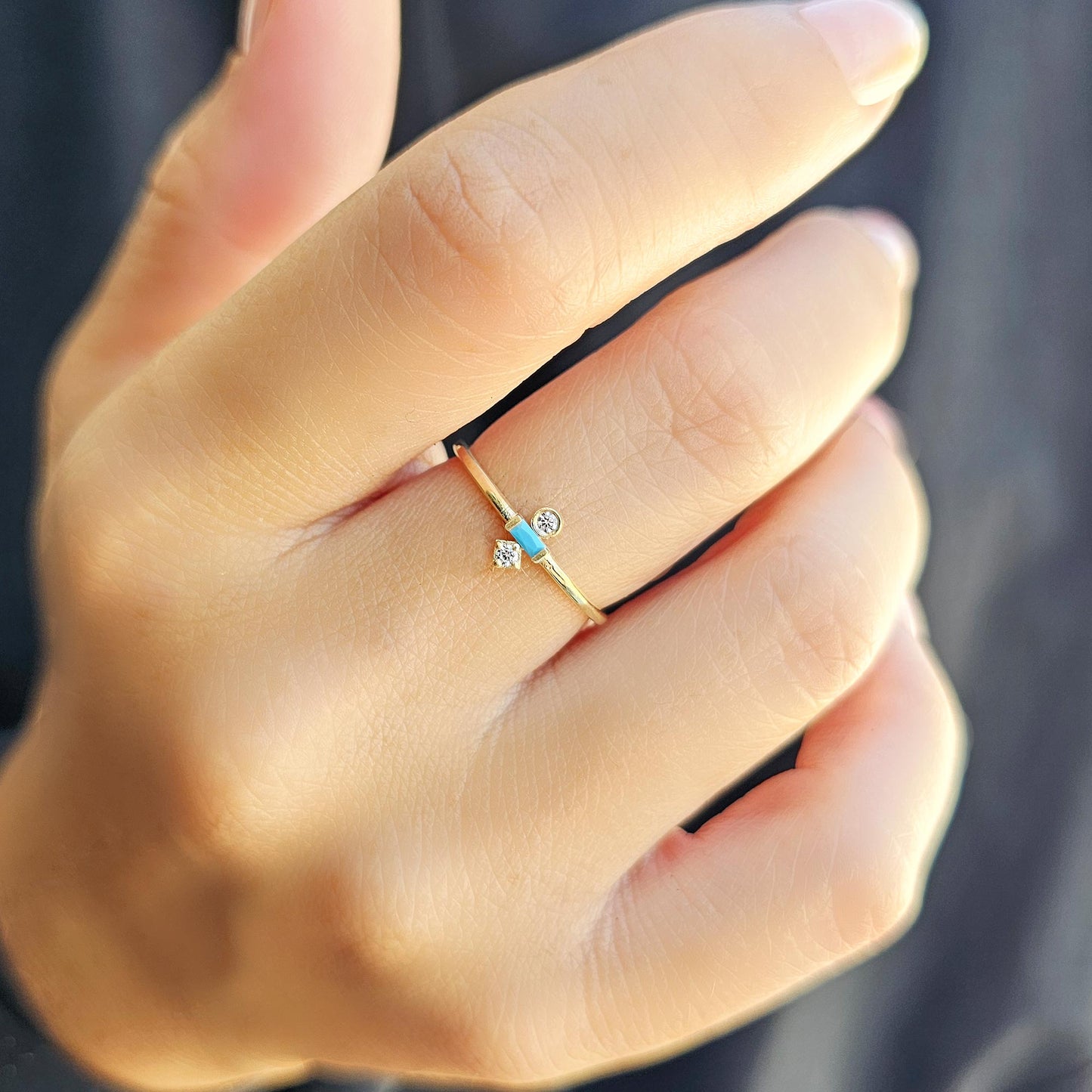 18K Gold Baguette Turquoise and Cz Ring - 2S35TURQ