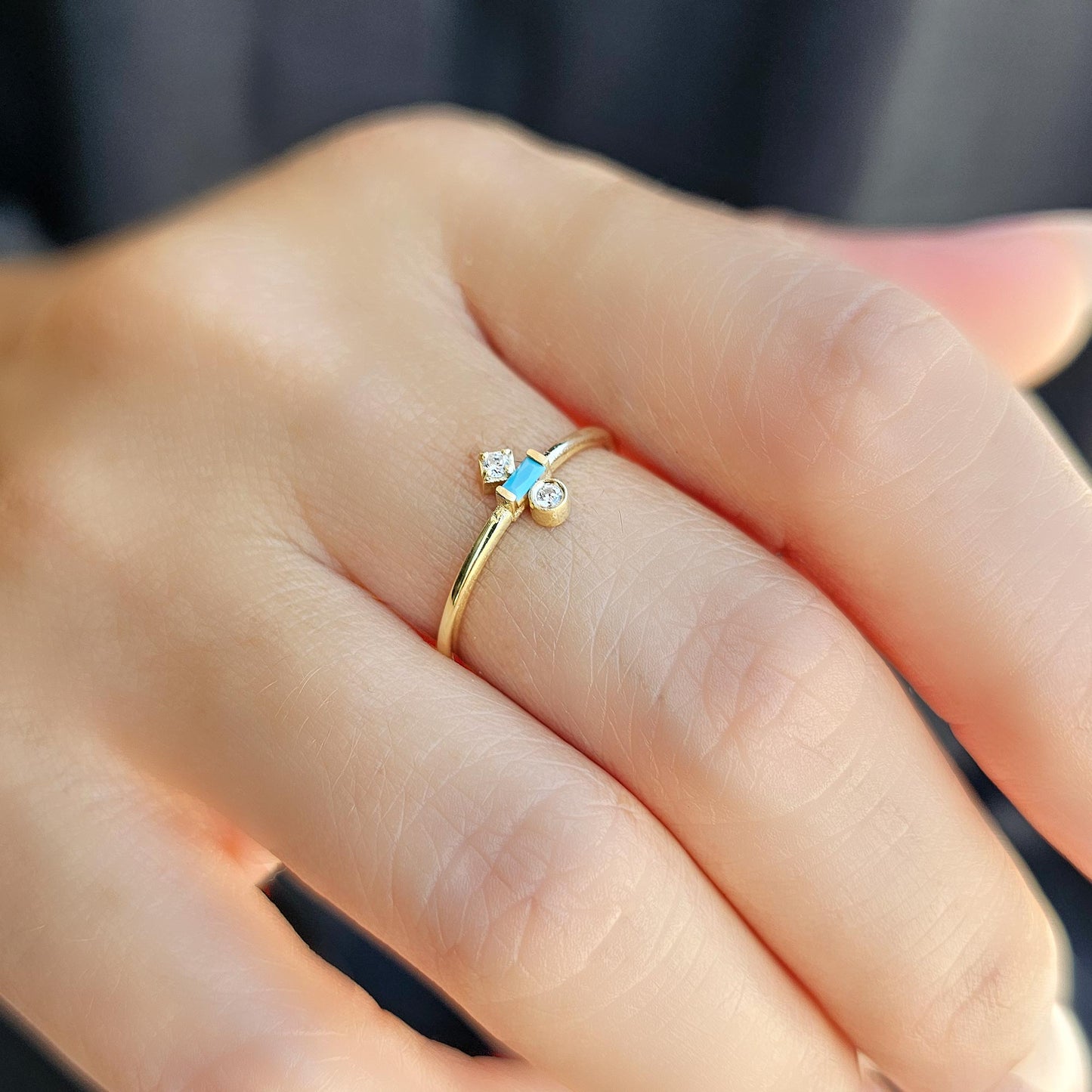 18K Gold Baguette Turquoise and Cz Ring - 2S35TURQ
