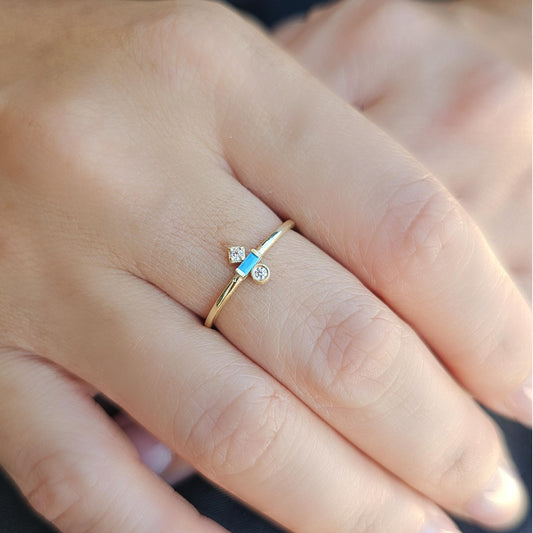 18K Gold Baguette Turquoise and Cz Ring - 2S35TURQ
