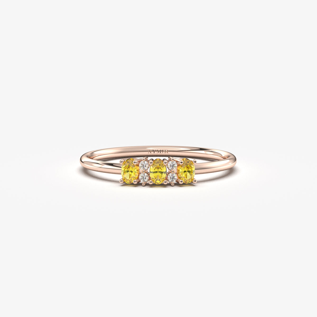 Rose gold yellow-stone three oval ring, front view