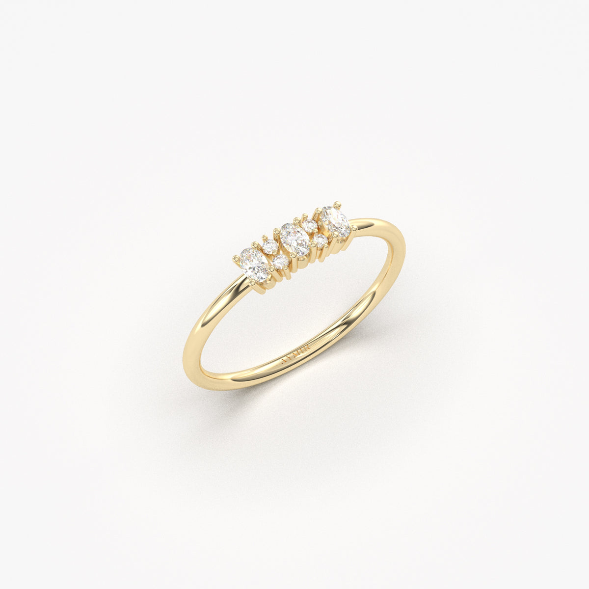 Yellow gold three-oval ring, angled view