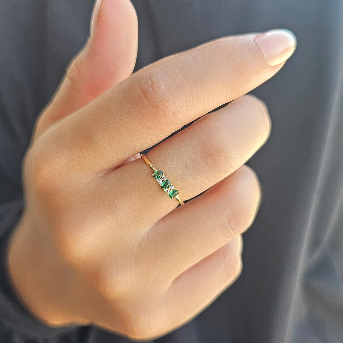 18K Gold Oval Emerald and Cz Ring - 2S46EME