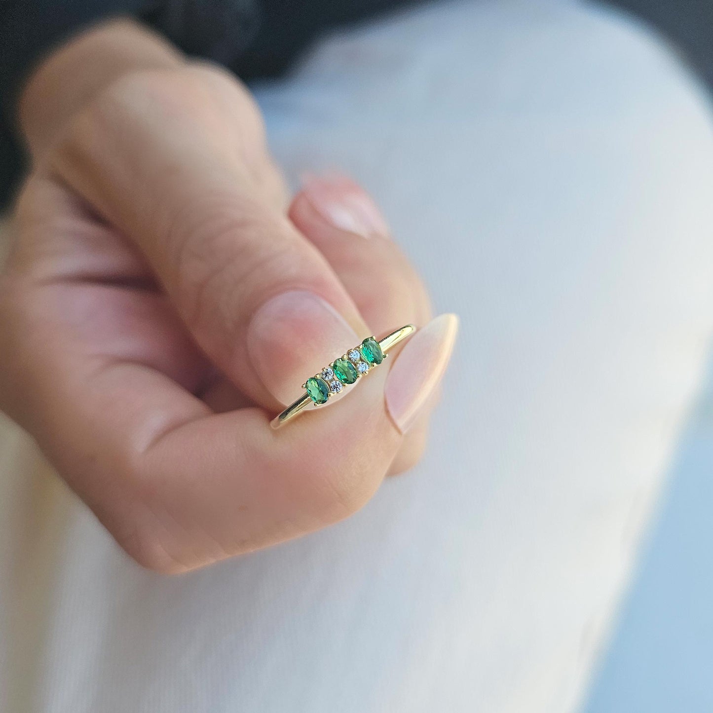 18K Gold Oval Emerald and Cz Ring - 2S46EME