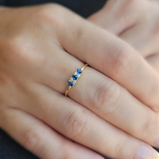 18K Gold Tiny Oval Sapphire and Cz Ring - 2S46SAP
