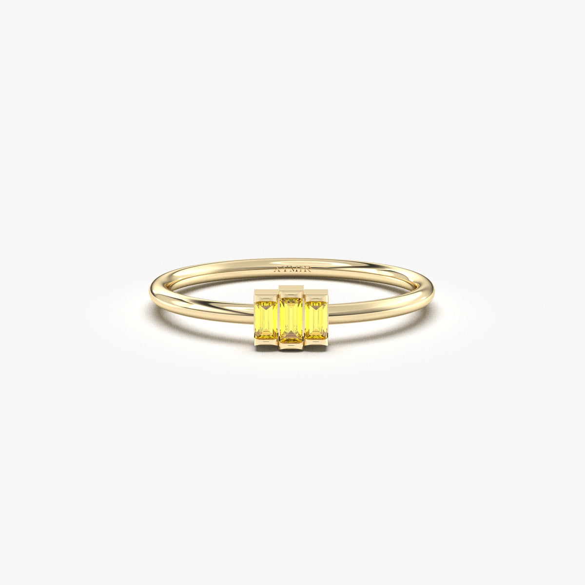 Yellow gold yellow-stone three-baguette ring, front view