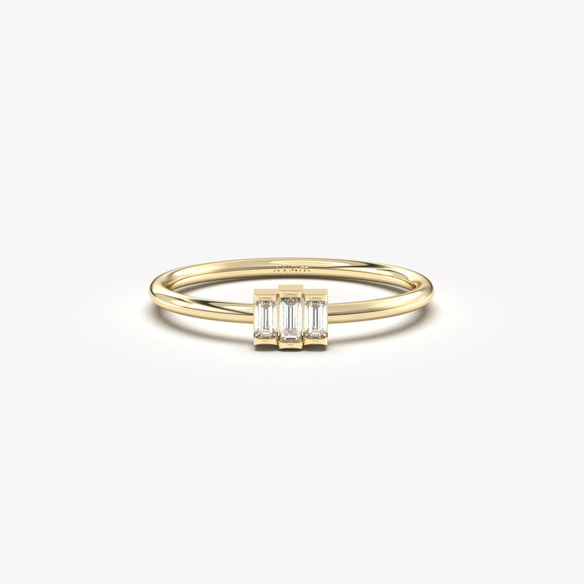 Yellow gold white-stone three-baguette ring, front view