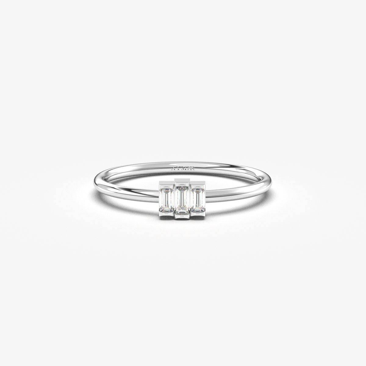 White gold white-stone three-baguette ring, front view