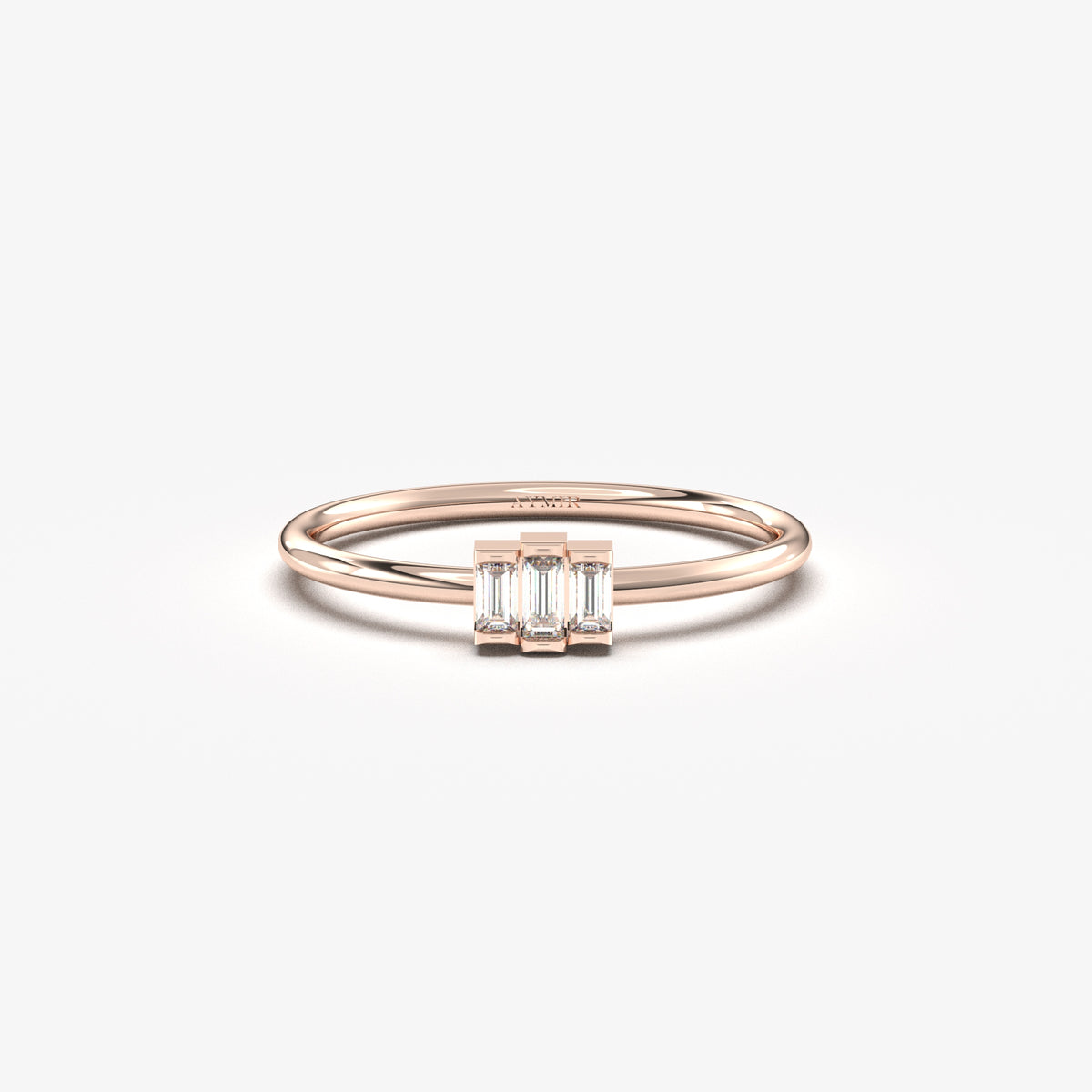 Rose gold white-stone three-baguette ring, front view