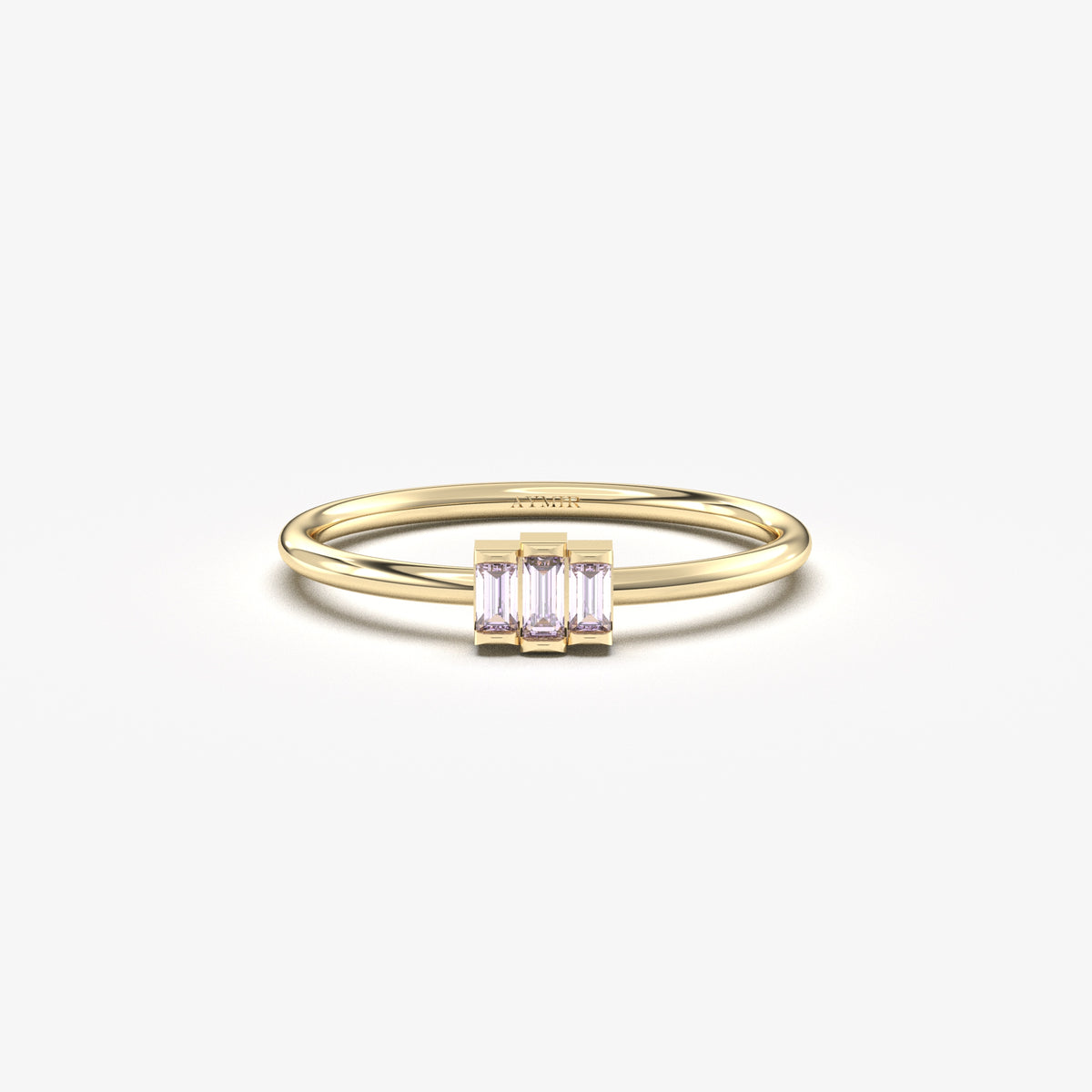Yellow gold lavender-stone three-baguette ring, front view