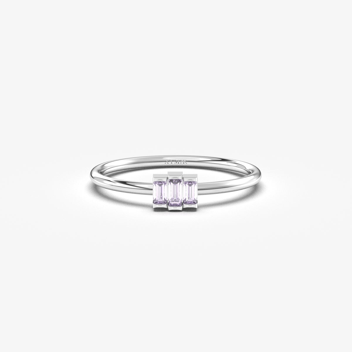 White gold lavender-stone three-baguette ring, front view