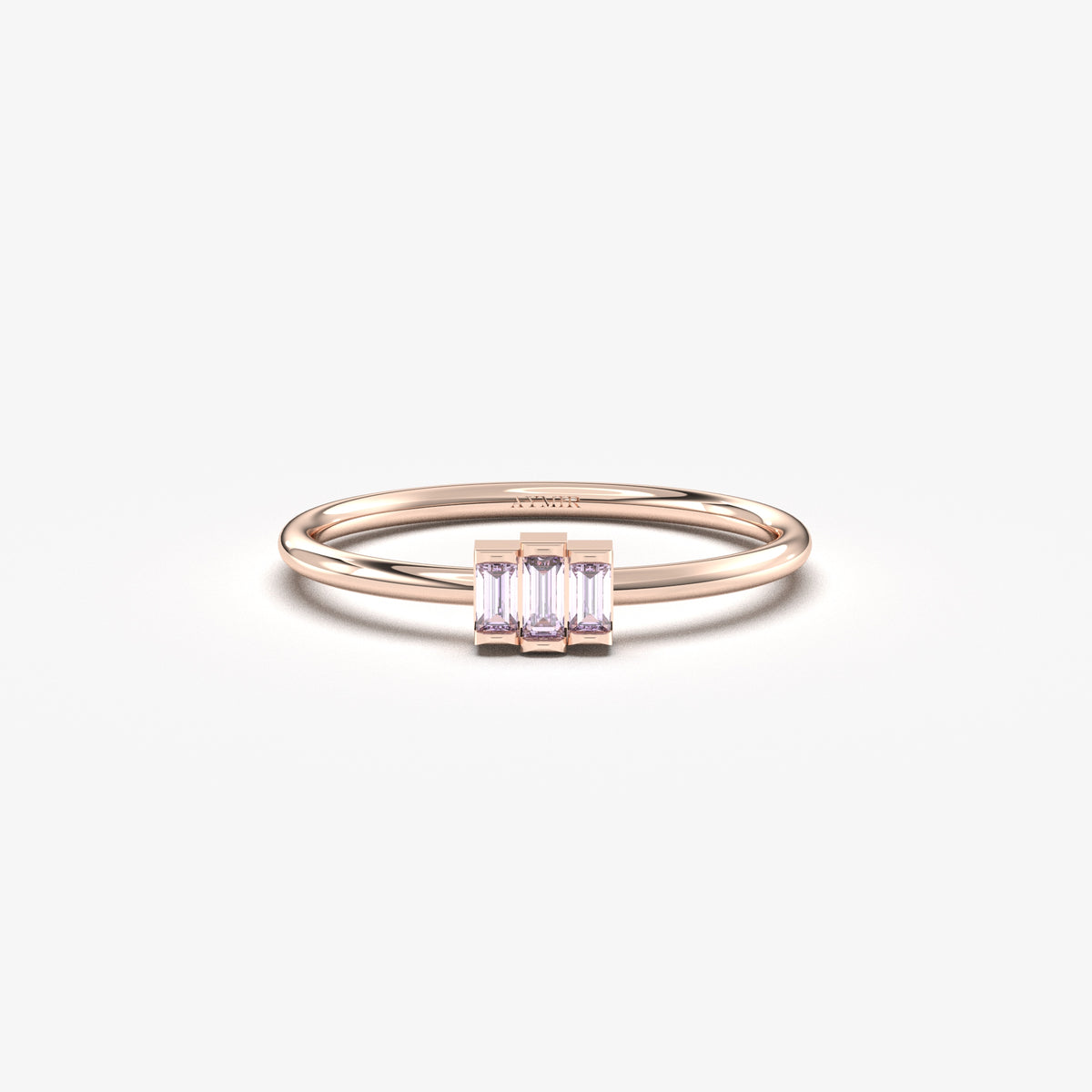 Rose gold lavender-stone three-baguette ring, front view