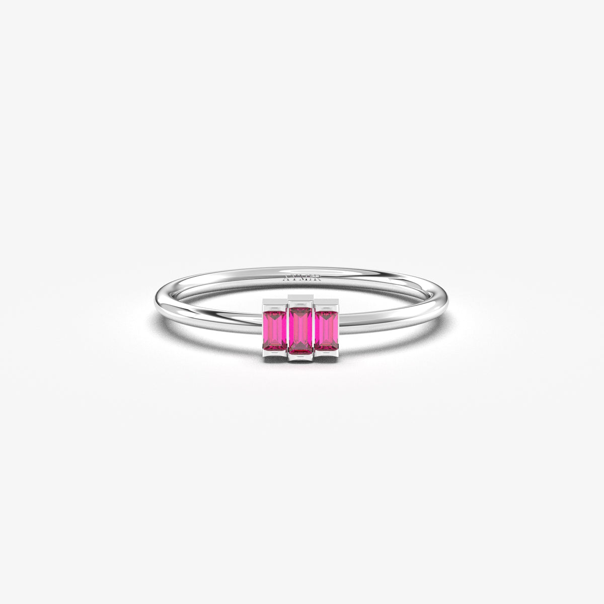 White gold red-stone three-baguette ring, front view