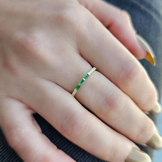 18K Gold Baguette Cut Emerald and Cz Ring - 2S245EME