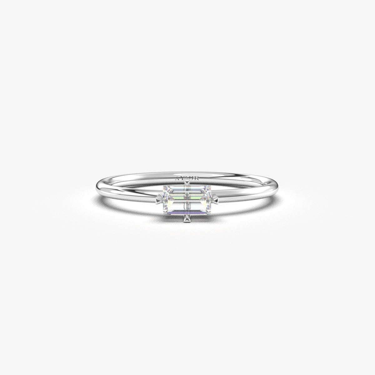 White gold white-stone baguette solitaire ring, front view
