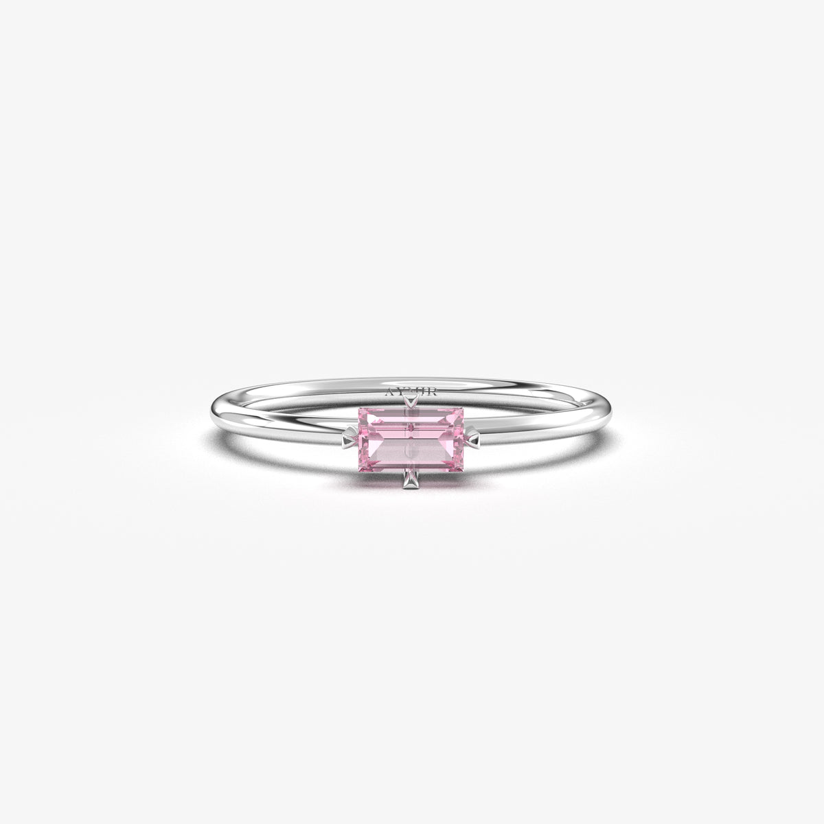 White gold pink-stone baguette solitaire ring, front view
