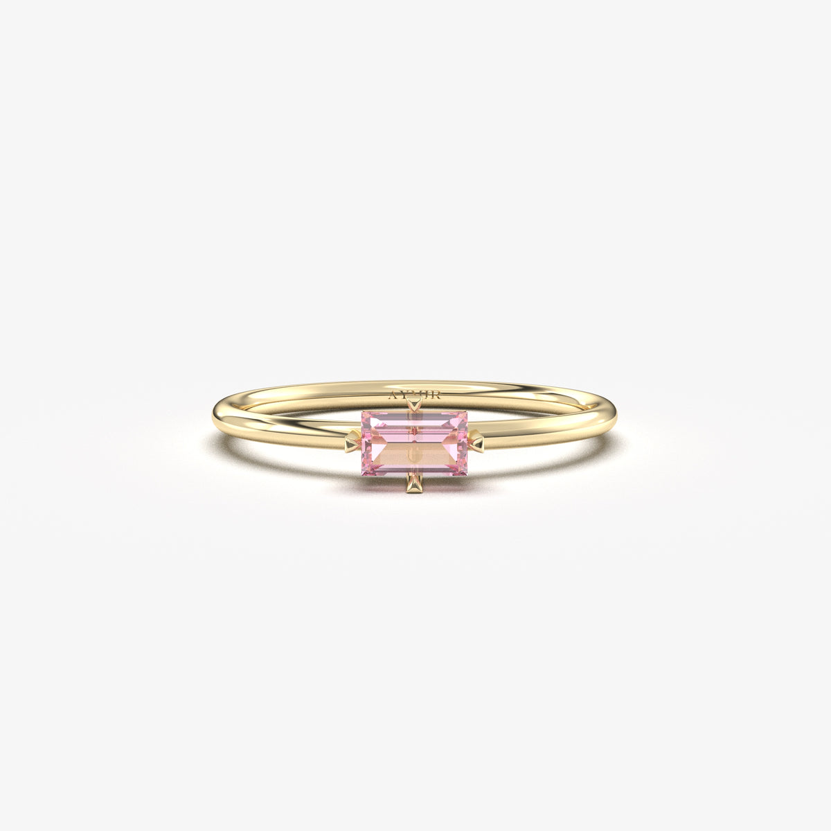 Yellow gold pink-stone baguette solitaire ring, front view