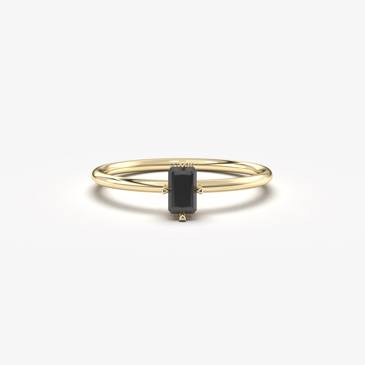Yellow gold black onyx baguette solitaire ring, front view