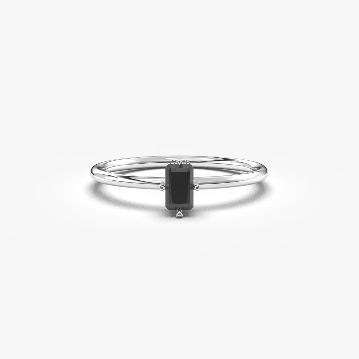White gold black onyx baguette solitaire ring, front view