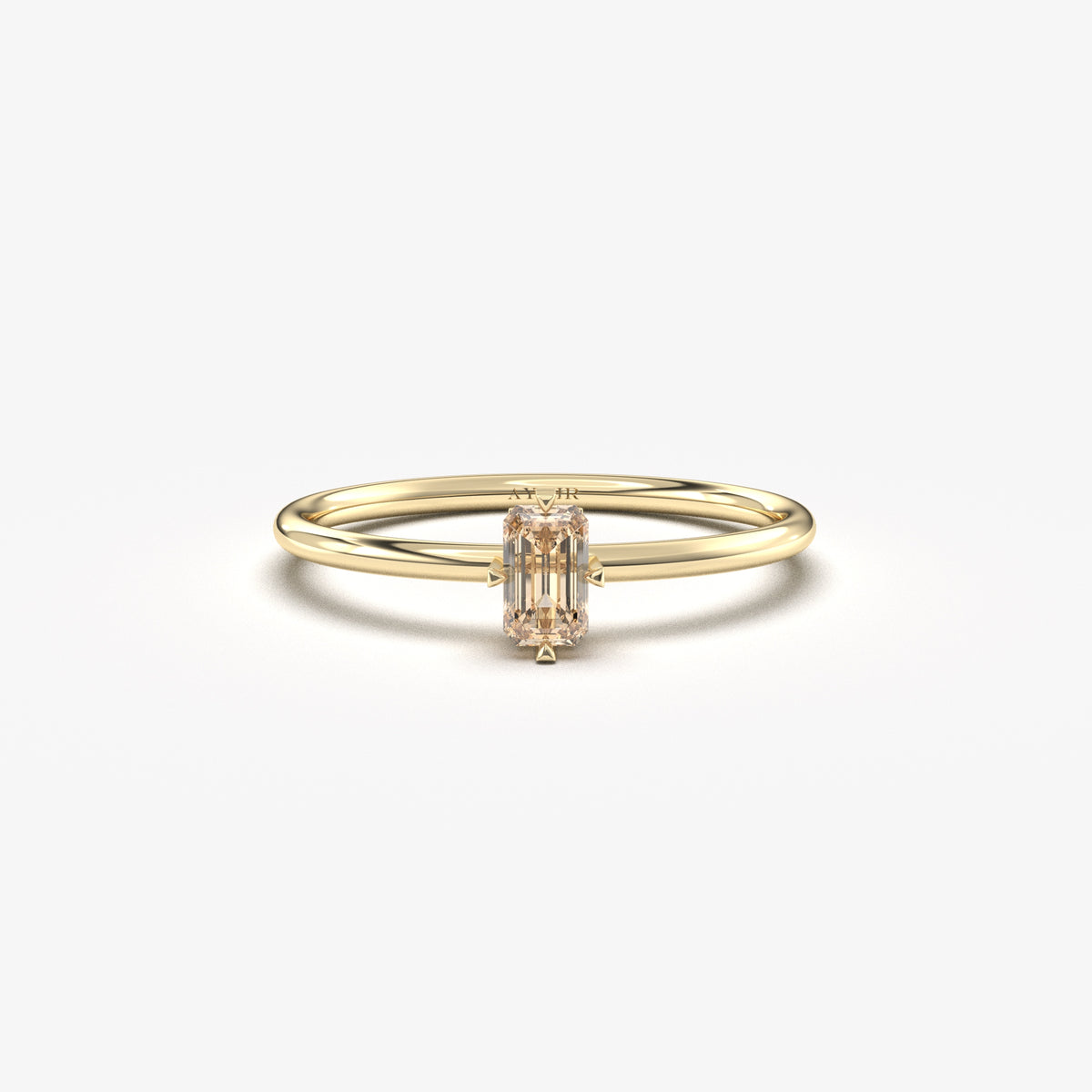 Yellow gold champagne-stone baguette solitaire ring, front view