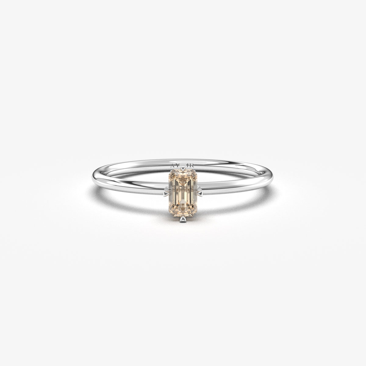 White gold champagne-stone baguette solitaire ring, front view