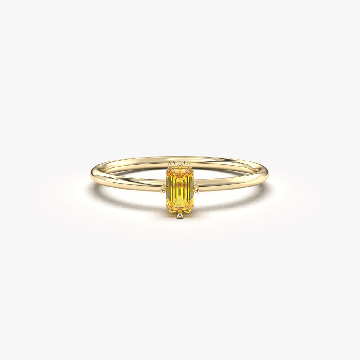 Yellow gold yellow-stone baguette solitaire ring, front view