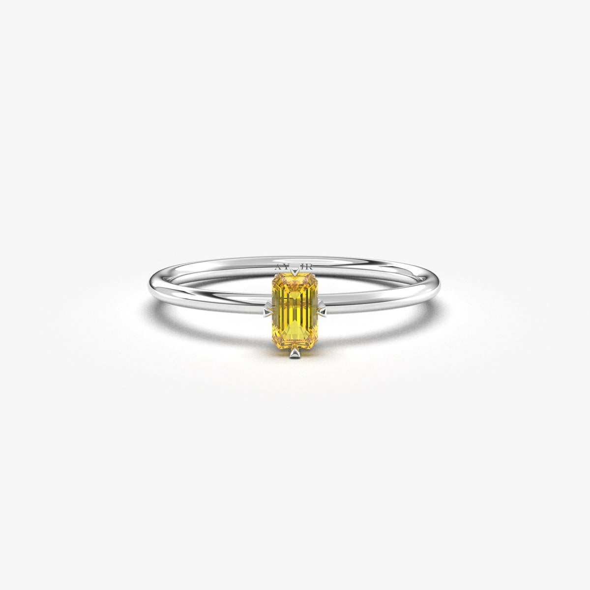 White gold yellow-stone baguette solitaire ring, front view