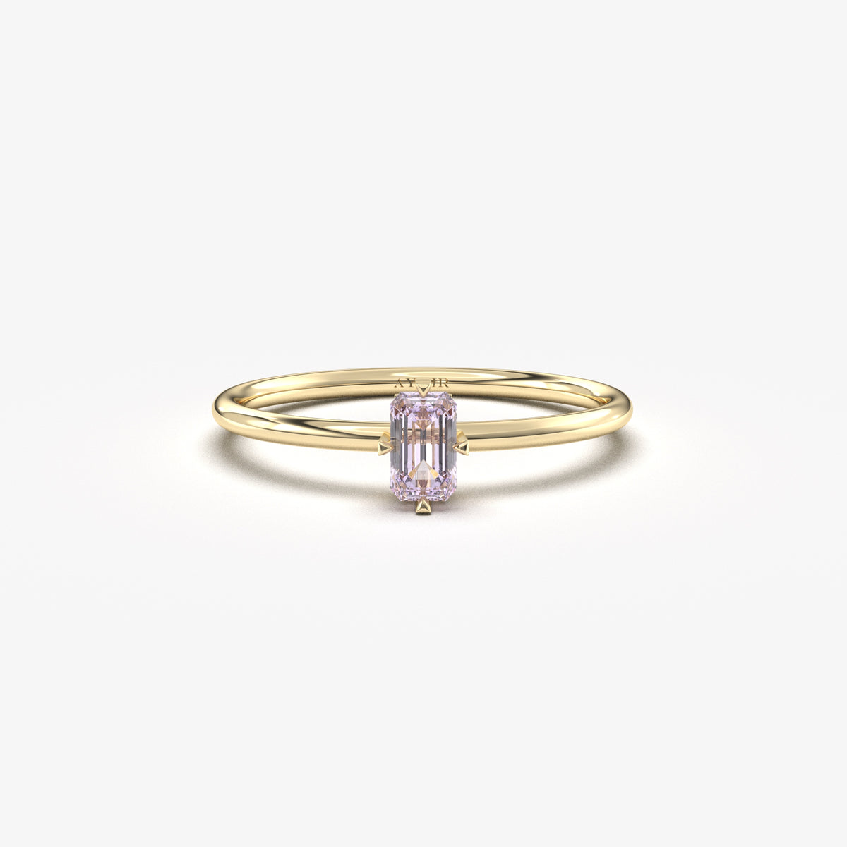 Yellow gold lavender-stone baguette solitaire ring, front view