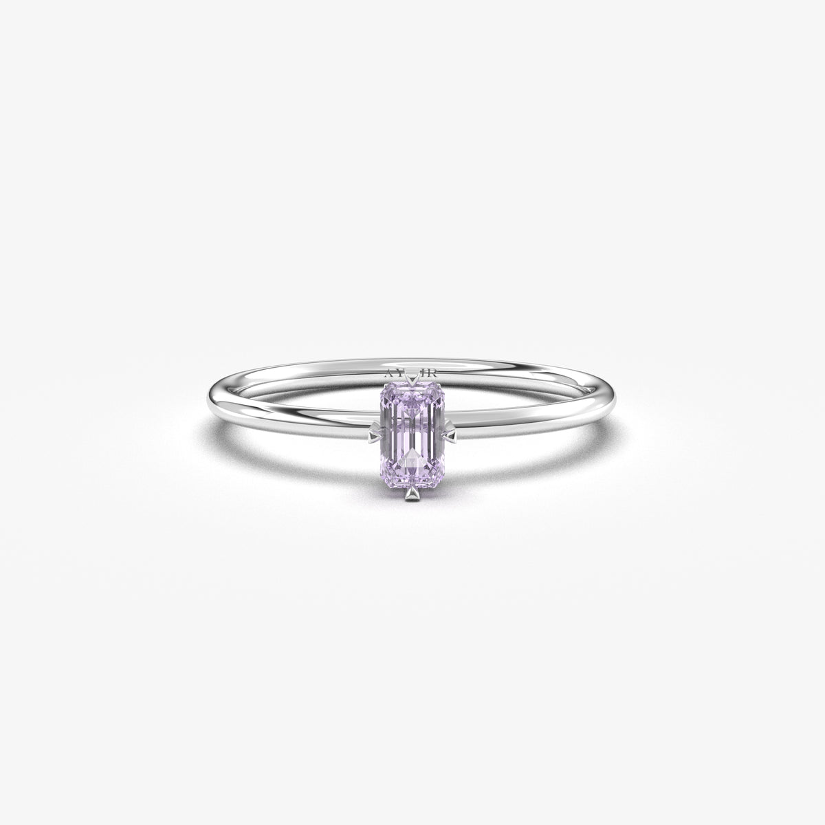 White gold lavender-stone baguette solitaire ring, front view