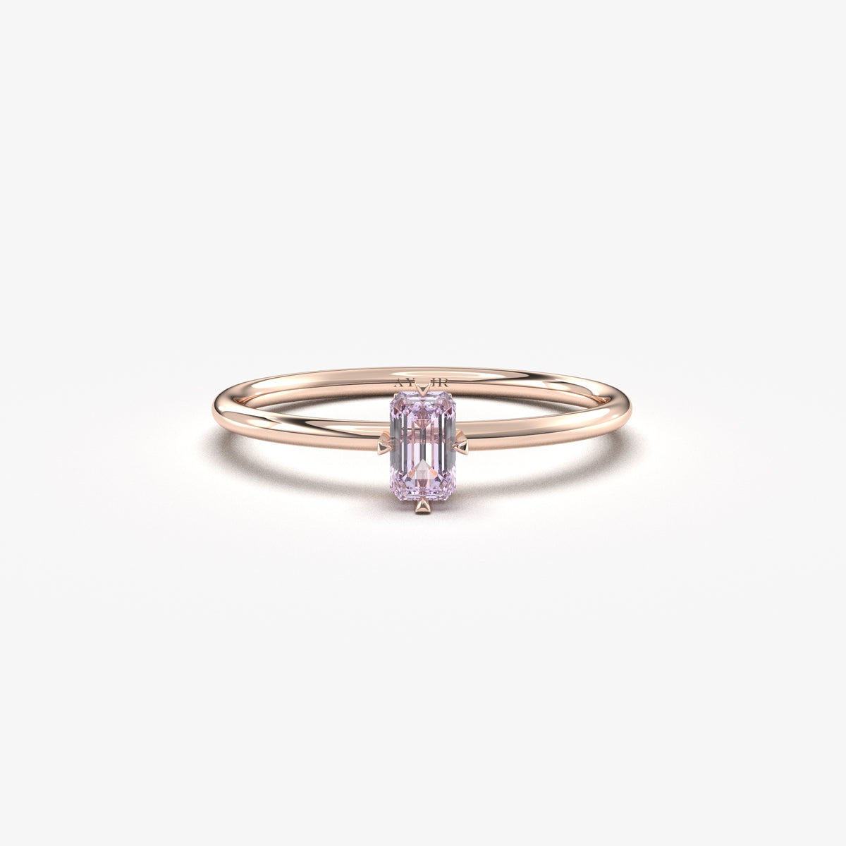 Rose gold lavender-stone baguette solitaire ring, front view