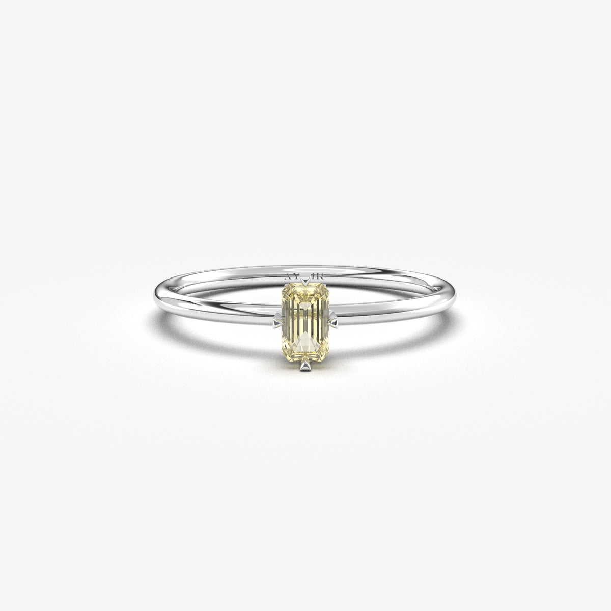 White gold lemon-yellow-stone baguette solitaire ring, front view