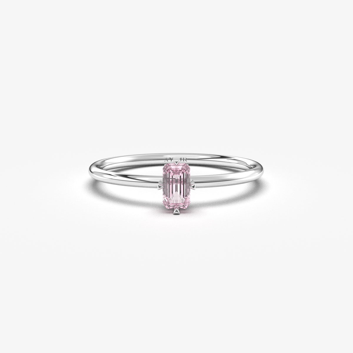 White gold pink-stone baguette solitaire ring, front view