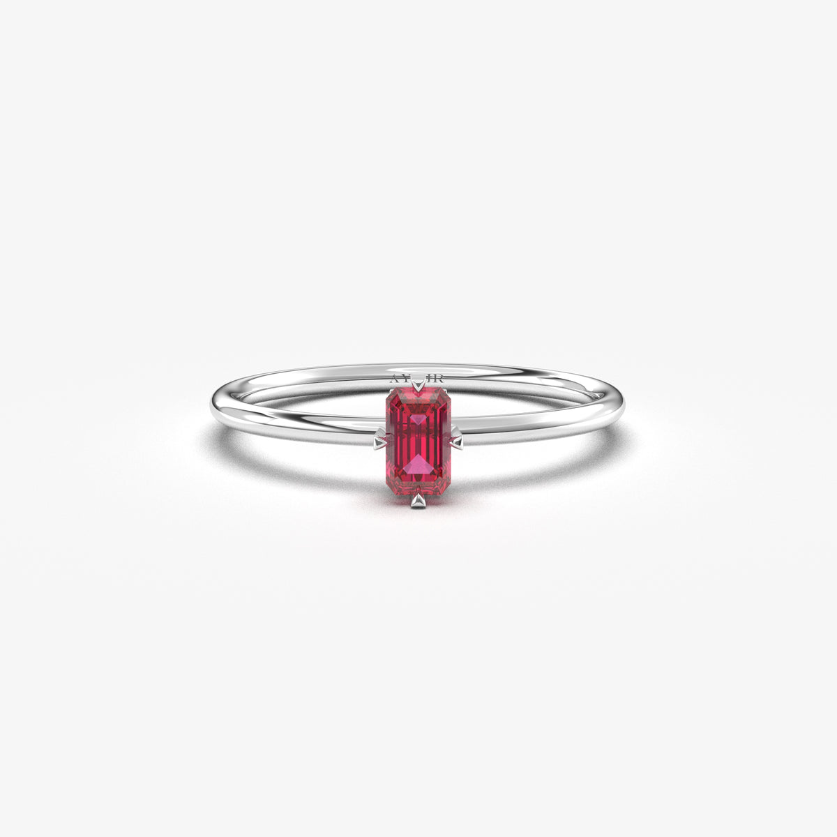 White gold red-stone baguette solitaire ring, front view