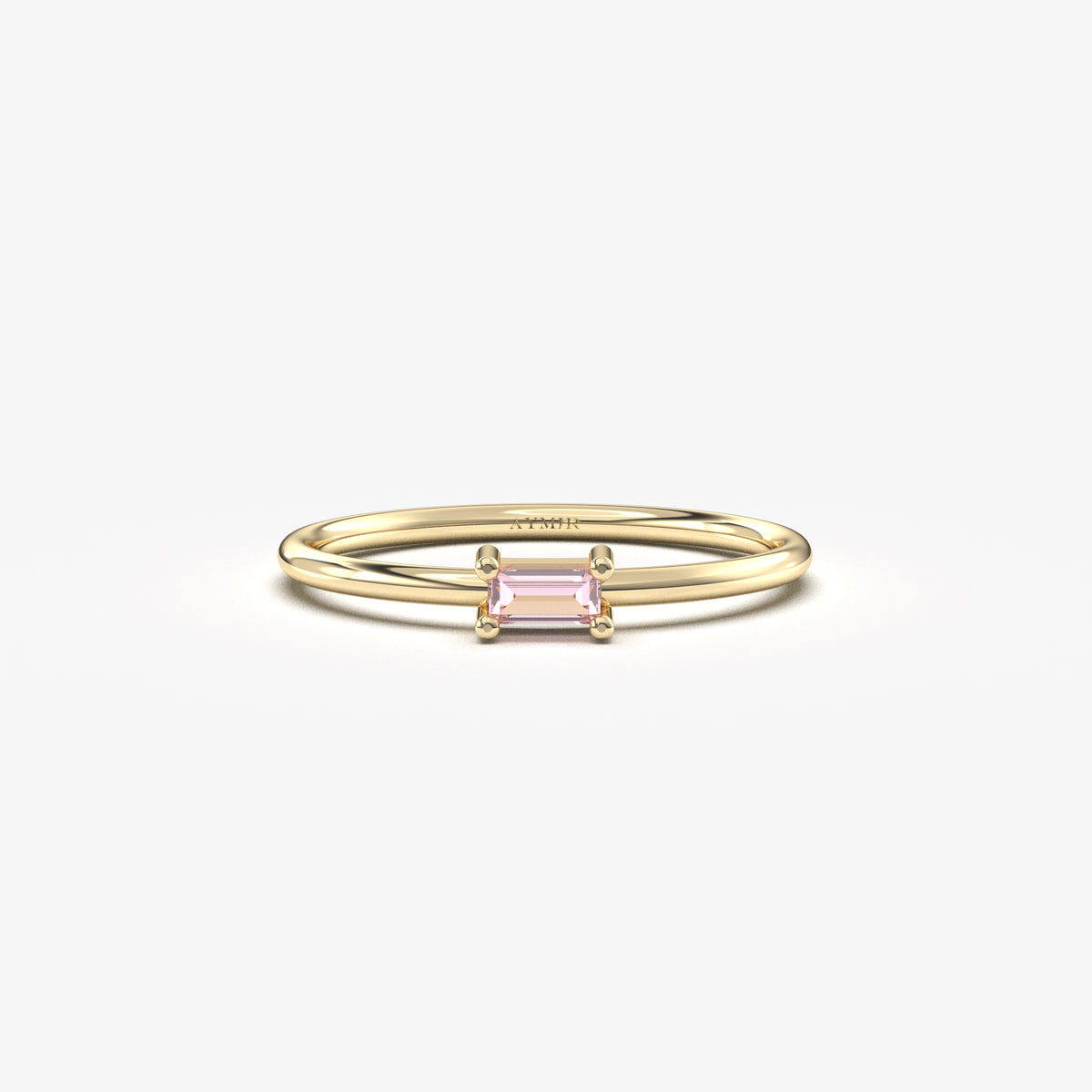 Yellow gold pink-stone baguette solitaire ring, front view