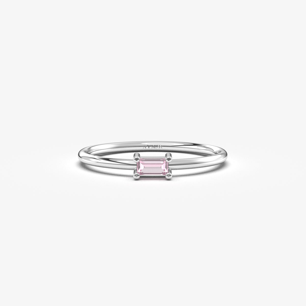 White gold pink-stone baguette solitaire ring, front view