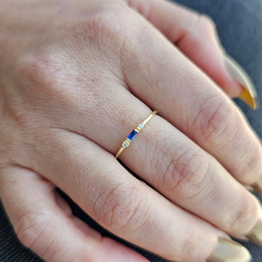 18K Gold Baguette Cut Sapphire and Cz Ring - 2S6SAP