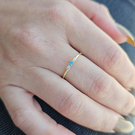 18K Gold Thin Baguette Sky Blue and Cz Ring - 2S6SKY