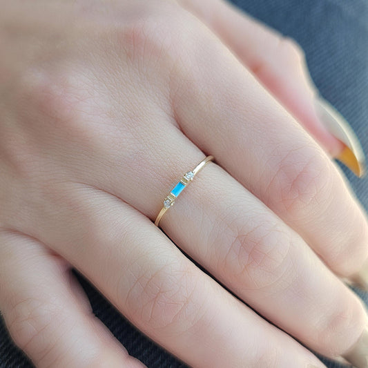 18K Gold Baguette Turquoise and Dainty Diamond Ring - 2S6TURQ