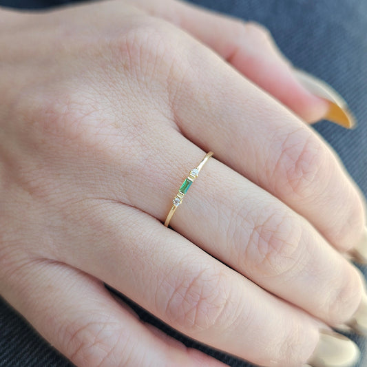 18K Gold Minimalist Baguette Emerald and Cz Ring - 2S6EME