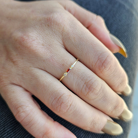 18K Gold Minimalist Garnet Baguette and Cz Ring - 2S6GAR
