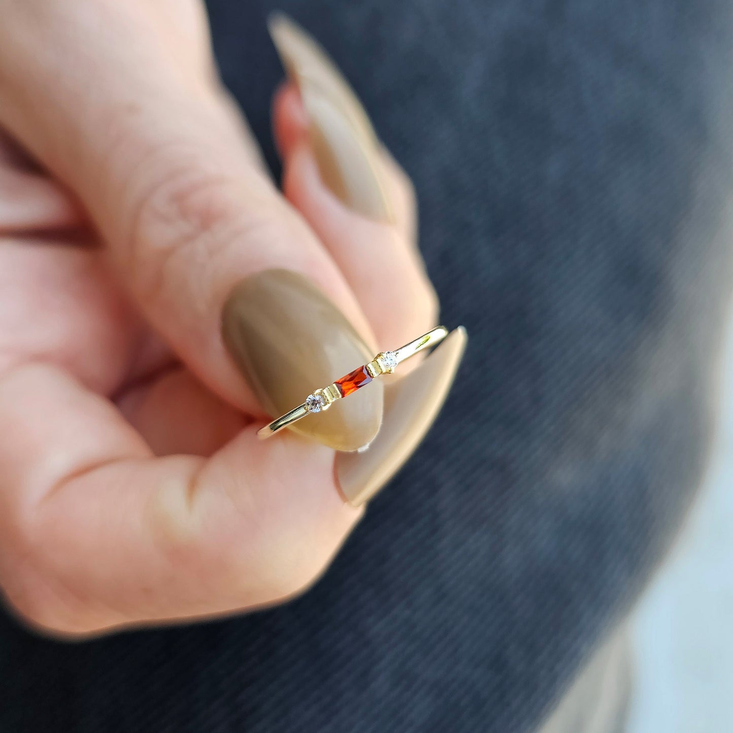10K Gold Minimalist Garnet Baguette and Cz Ring - 2S6GAR