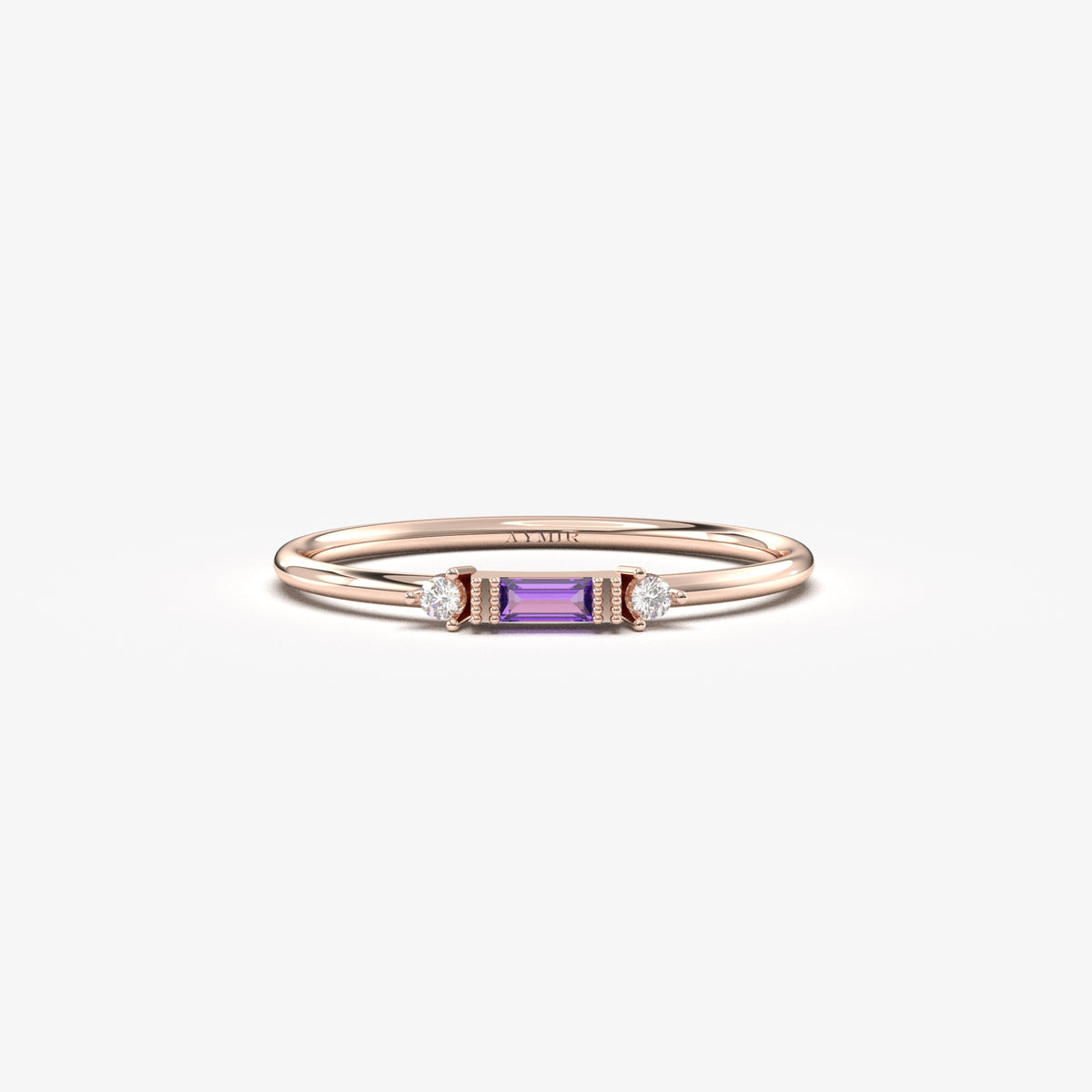 Rose gold purple-stone baguette ring, front view