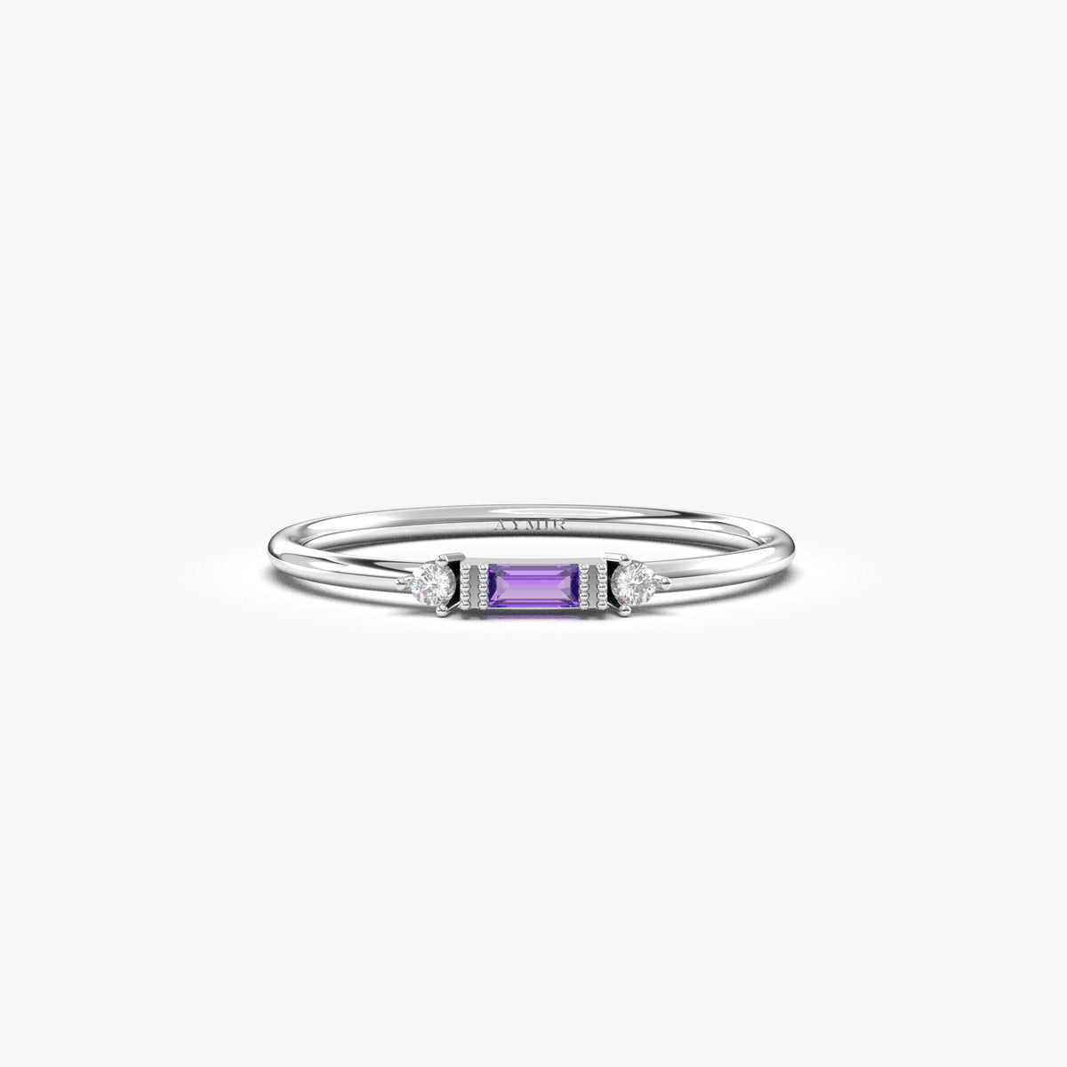 White gold purple-stone baguette ring, front view