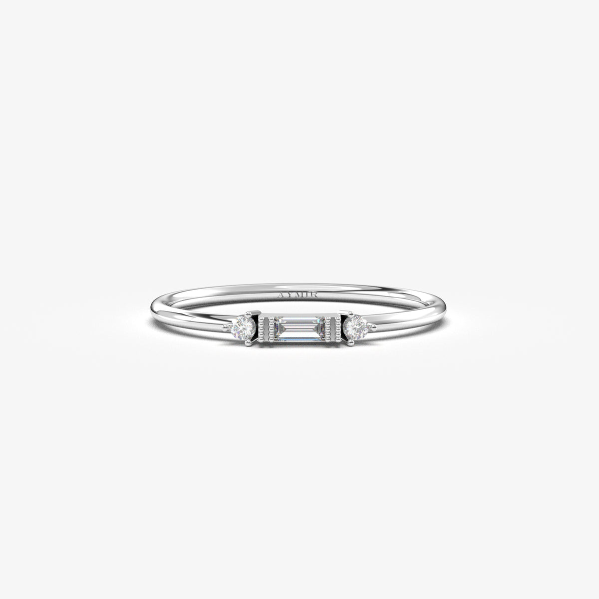 White gold bezel baguette ring, front view