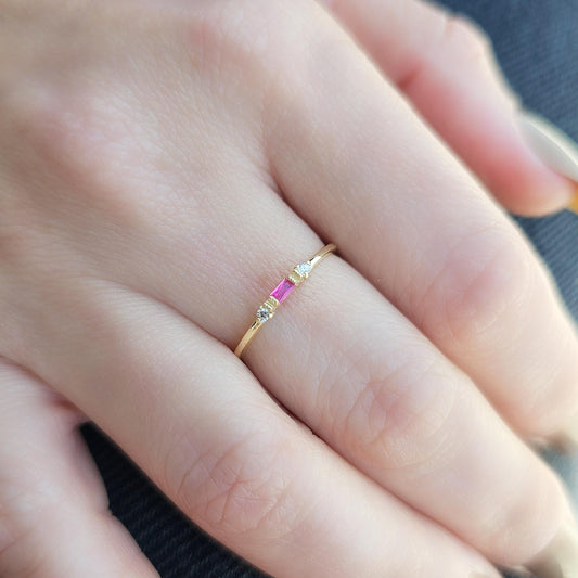 18K Gold Baguette Ruby and Thin Diamond Ring - 2S6RBY