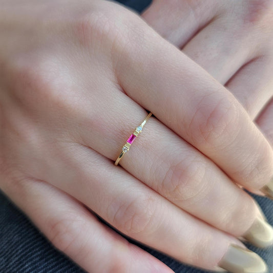 10K Gold Baguette Ruby and Thin Cz Ring - 2S6RBY