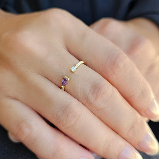 18K Gold Amethyst Pear and Diamond Open Ring - 2S74AME
