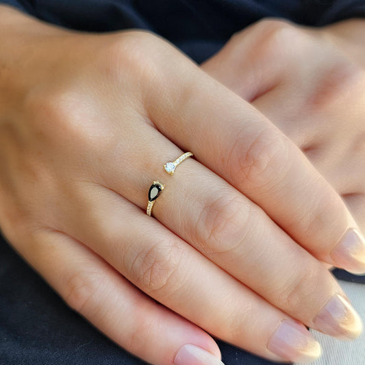 14K Gold Pear Black Onyx and Diamond Open Ring - 2S74BLK